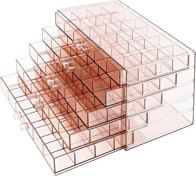 Clear Pink Acrylic Jewelry Storage Box, Earring Jewelry Organizer with 5 Drawers, 5-Layer Jewelry Box for Women, Earring Display Holder for Earrings Ring Bracelet Necklace, 120 Grid Storage Box