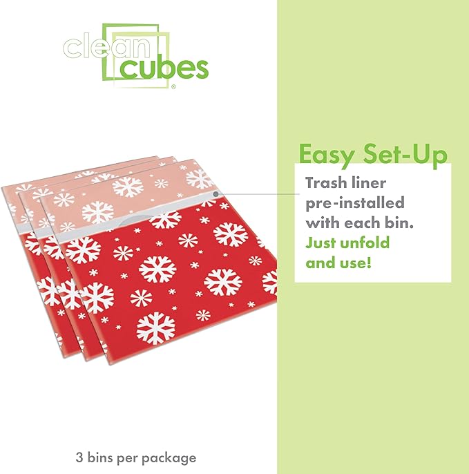 Clean Cubes 13 Gallon Disposable Pop-Up Trash Cans (3-Pack) with Fitted Bags – Foldable Garbage & Recycling Bins for Parties, Events & Kitchen (Snowflake, 17" H x 13.5" W x 10" D)