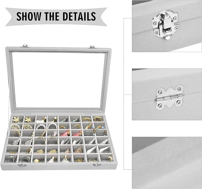 Siveit Velvet Jewelry Tray 48 Grid Jewelry Display Tray Organizer Box with Transparent Lid Rings Earrings Necklaces Pendants Display Box Suitable for Women and Girls (Grey)