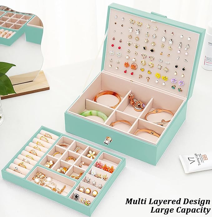 Earrings Jewelry Box for Girls, Large Capacity Jewelry Organizer with 40-Pair Earring Board, 2-Layer Leather Jewelry Storage Box for Necklaces Rings Bracelets with Removable Tray(Gift Idea),Turqueoise