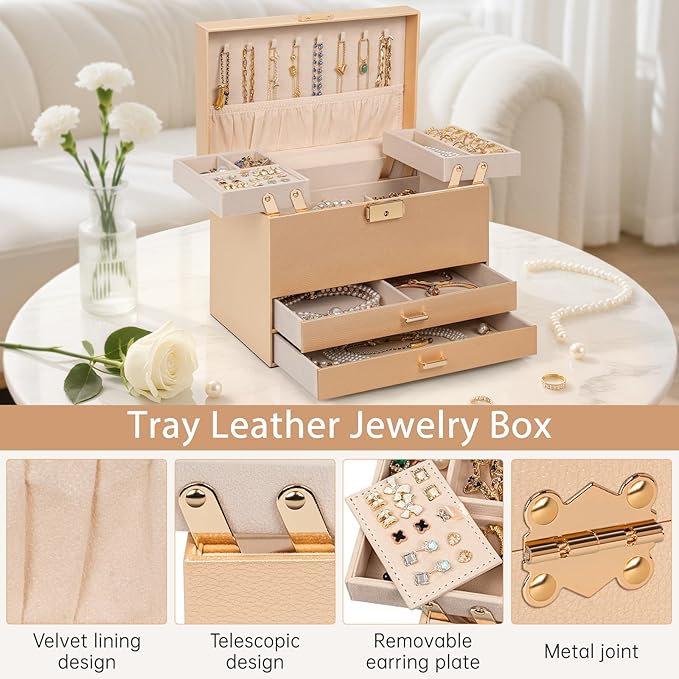 AKOZLIN Travel Jewelry Box Organizer Functional 2-trays Leather Jewelry Storage Case with Lockable Portable 2 Drawers for Women Girls Ring Necklace Earring Bracelet