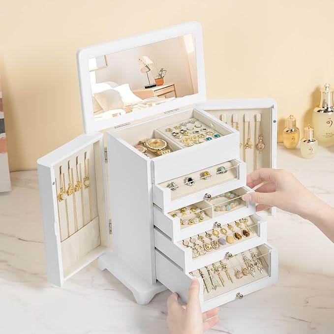 Large Jewelry Box & Organizer for Women, Wooden Jewelry Storage with 4 Transparent Drawers, Holds Necklaces, Rings, Bracelets, Earrings and Watches(White)