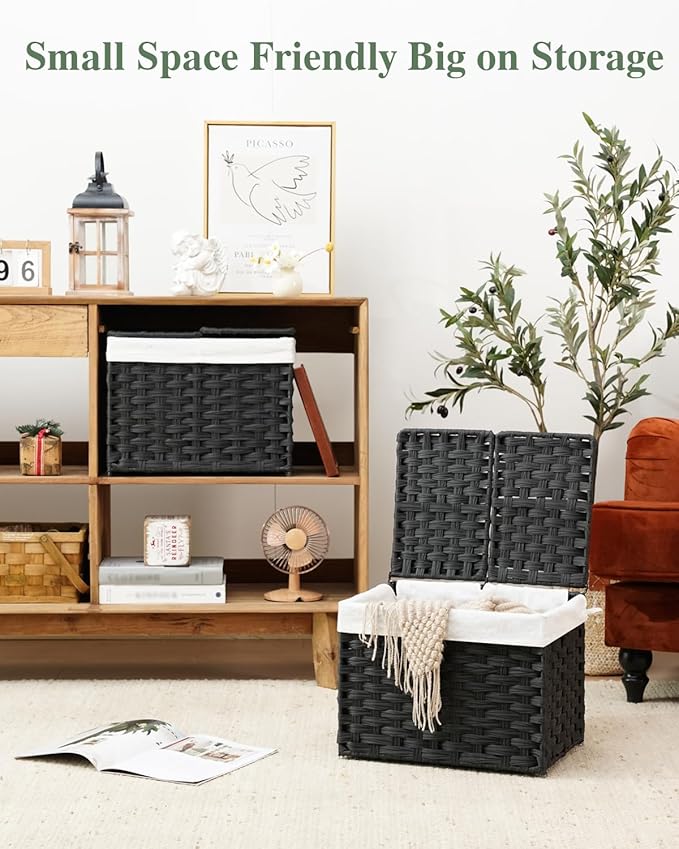 SETVSON Storage Basket with Lid Woven Wicker Baskets with 2 Separate Lid, 9.2 Gallon (35 L) Wicker Storage Bins with Handles, Foldable and 2 Removable Liner Bags for Bedroom, Laundry Room Black