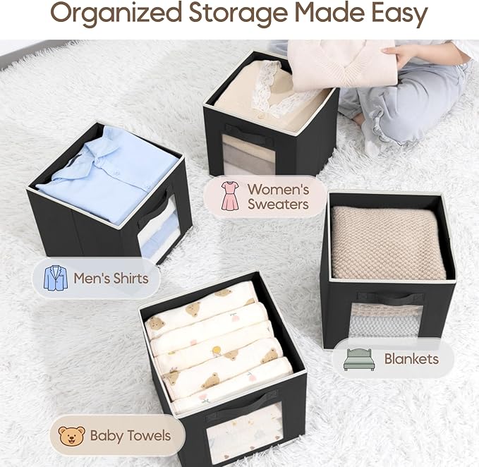 Homsorout Foldable Storage Cubes - Cubby Storage Organizer with Window, Decorative Baskets for Organizing, 11 Inch Fabric Cube Shelf Bins, Set of 10, Black