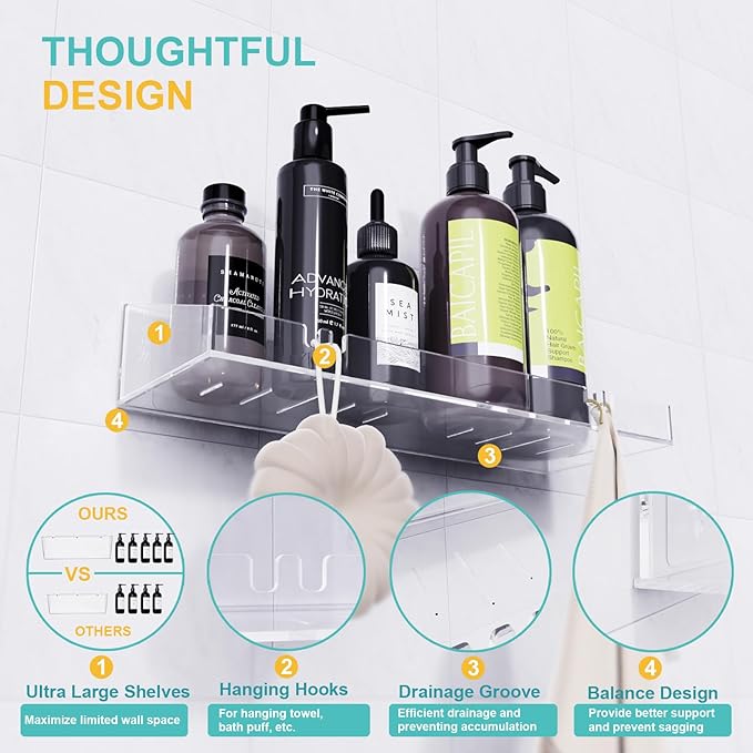 Bakzon Adhesive Shower Caddy, 5 Pack Acrylic Shower Shelves Bath Organizers With Large Capacity, No Drilling Shelves for Bathroom Storage