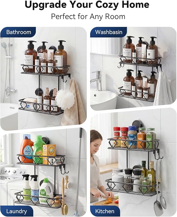 JOTPE Shower Caddy Suction Cup, No Drilling Shower Shelves Hold Up to 40 lbs, Large Capacity Double Layer Bathroom Organizer and Storage with Hooks, Rustproof & Removable Bathroom Shelf, Black
