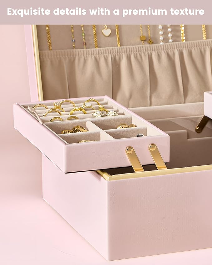 Lolalet Jewelry Box Organizer for Women Girls, 2 Layer Jewelry Organizers and Storage for Necklace Earrings Rings Bracelets, Large Jewellery Holder Case Birthday Mothers Day Gifts -Pink