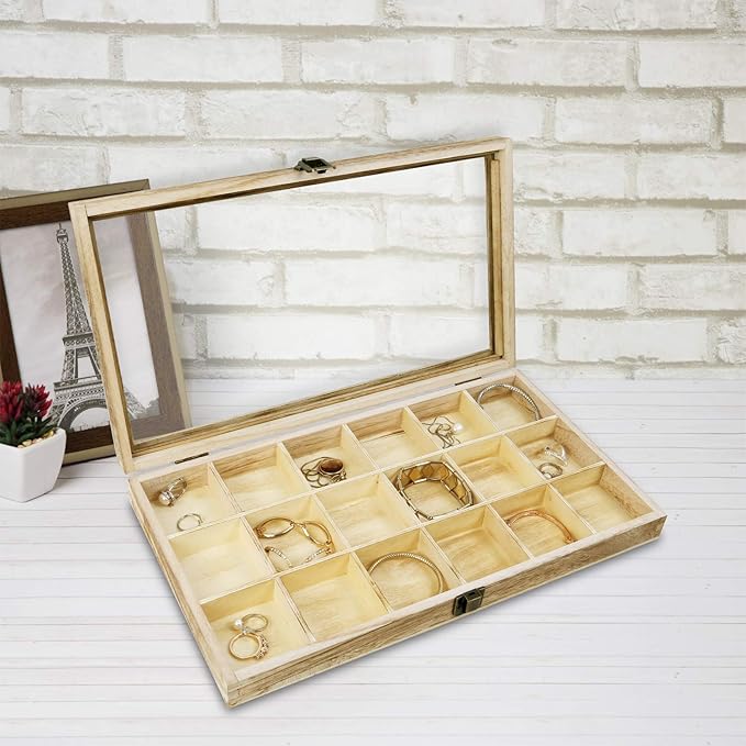 Mooca Wooden Display Storage Case with Tempered Glass Lid for Jewelry and Beads with 18 Compartments Tray, Oak Color, 15" W x 8 3/4" D x 2" H