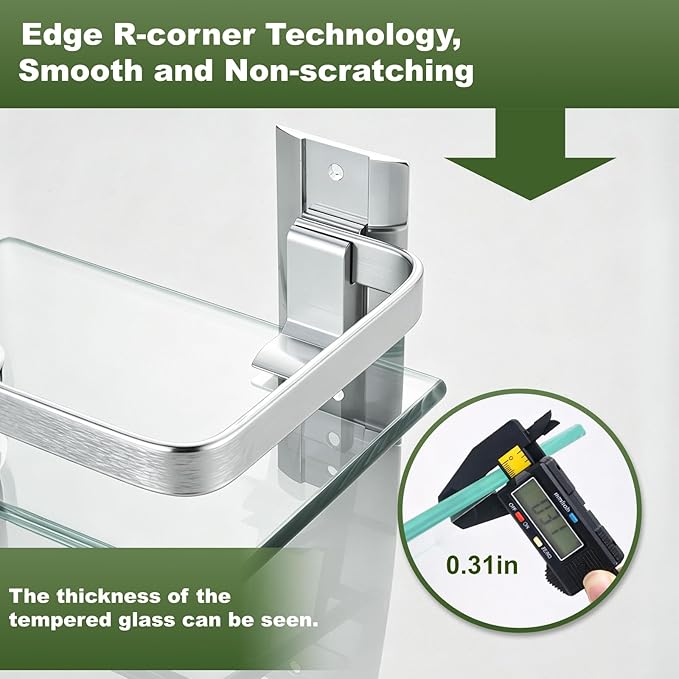 AIJALY 3 Pack Bathroom Glass Shelf,Aluminum Tempered Glass 0.3in Extra Thick Rectangular 1 Tier Storage Organizer Wall Mount,Silver 15.7in