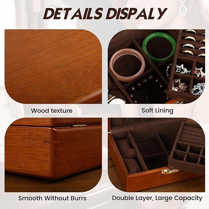 Solid Walnut Wood Jewelry Box with Lock, 2 Layer Velvet Jewelry Organizer Storage Lined for Earrings Rings Necklaces Bracelets Cufflink Gift Idea for Men Women, Vintage Brown