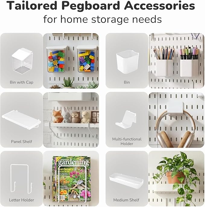 Keepo Peg Board Wall Organizer – Plastic Pegboard Panels, Modular Peg Board Storage System for Home Office, Craft Room, Gaming Setup (White, 33″×22″)