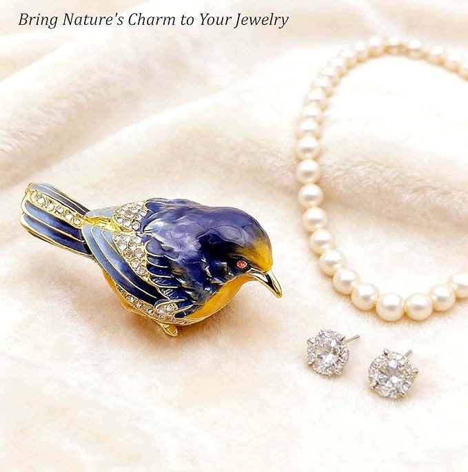 Starling Bird Trinket Boxes Hinged with Crystals Enameled Jewelry Box.Bird Lover Gifts for Women.Necklace Ring Box Earrings Storage.Collectible Bird Figurines Home Decor -Blue Yellow.