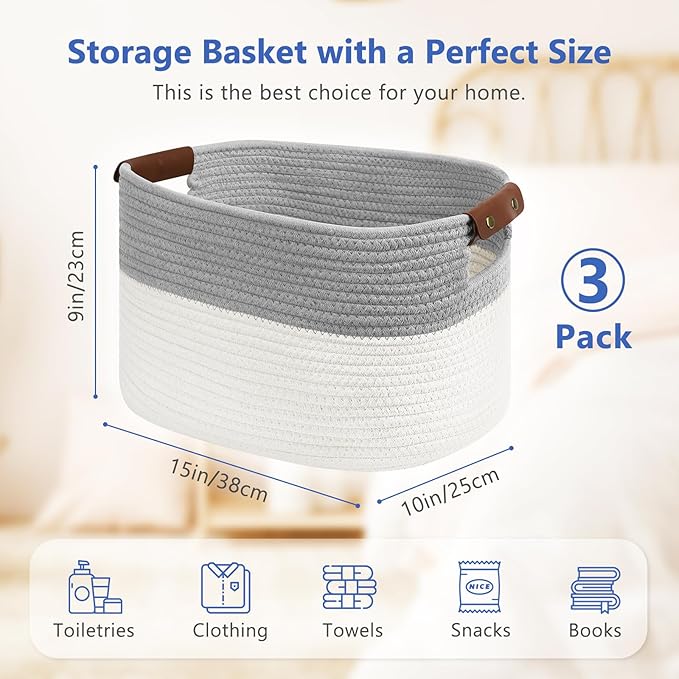 ECDYQXVU Cotton Rope Storage Baskets,15x10x9 in,Foldable Storage Bins, Decorative Woven Basket Cube Storage Organizer for Laundry, Towel, Clothes (White/Grey-3Pack, 15x10x9 inches)