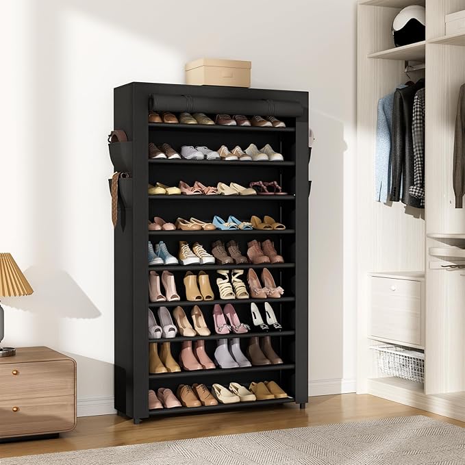 VILICK Shoe Rack with Cover Narrow Shoe Organizer with Pockets 10 Tier Tall Shoe Storage Holds 36-41 Pairs Shoes and Boots Shoe Rack for Closet Entryway Garage, Black