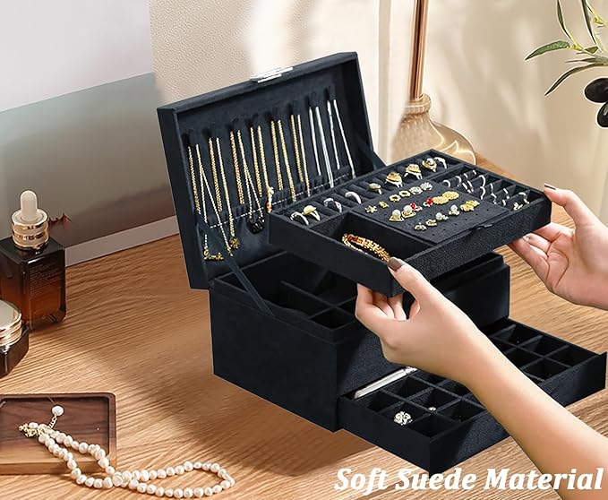 QBestry Jewelry Box for Women with Drawer, 3-Layer Large Jewelry Organizer with Lock & Key, 8 Necklace Hooks & 56 Earring Holes, Black Velvet Jewelry Storage Box for Necklaces Earrings Rings Bracelets
