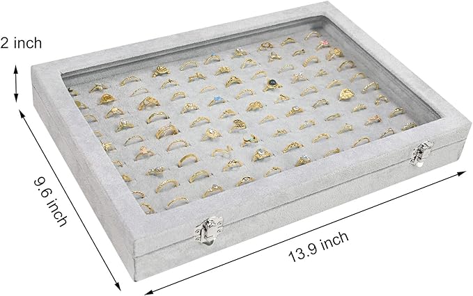 Siveit Ring Display Case Organizer Box with Transparent Lid 100 Slot Holder Showcase For Store Display Jewelry Show Home Organizer For Jewelry Rings Studs Earrings (Grey)