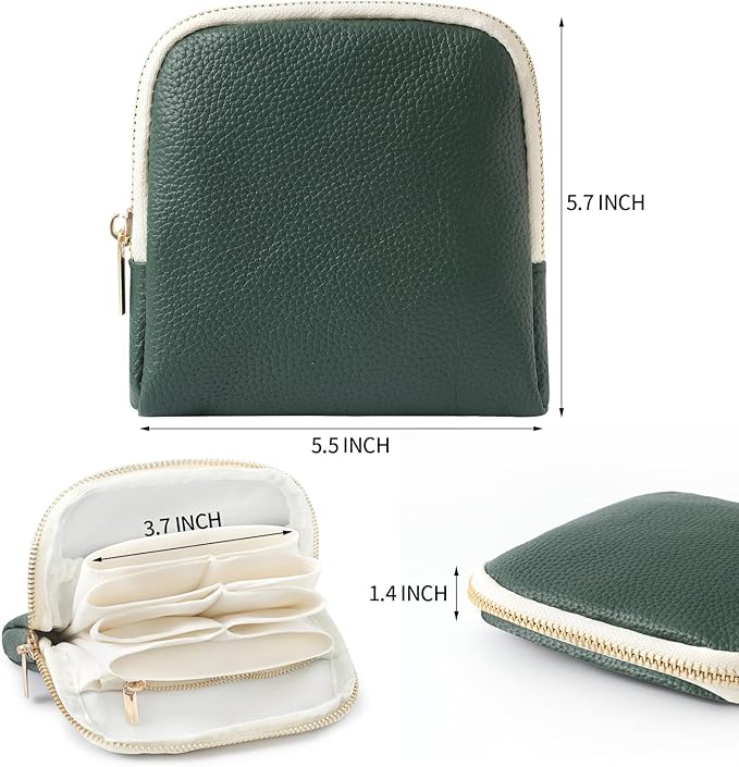 Genuine Leather Travel Jewelry Organizer Case Pouch Bags with Zipper, Small Mini Portable Jewelry Storage Bag for Ring Earrings Necklace Bracelet Travel Essentials Gift for Women（Dark Green）