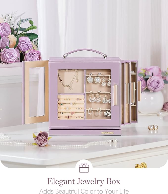 Homde Jewelry Box 360° Rotating, Necklace Earring Organizer with Transparent Window, Mirror, 7 Drawers, Large Ring Display Storage Case for Girls Women (Grey Purple)