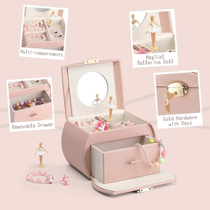 VLANDO Kids Musical Jewelry Box for Girls with Drawer, Music Box with Ballerina and Stickers for Birthday Bedroom Decor, Valentines Day Gifts for Daughter Girls Kids - Pink