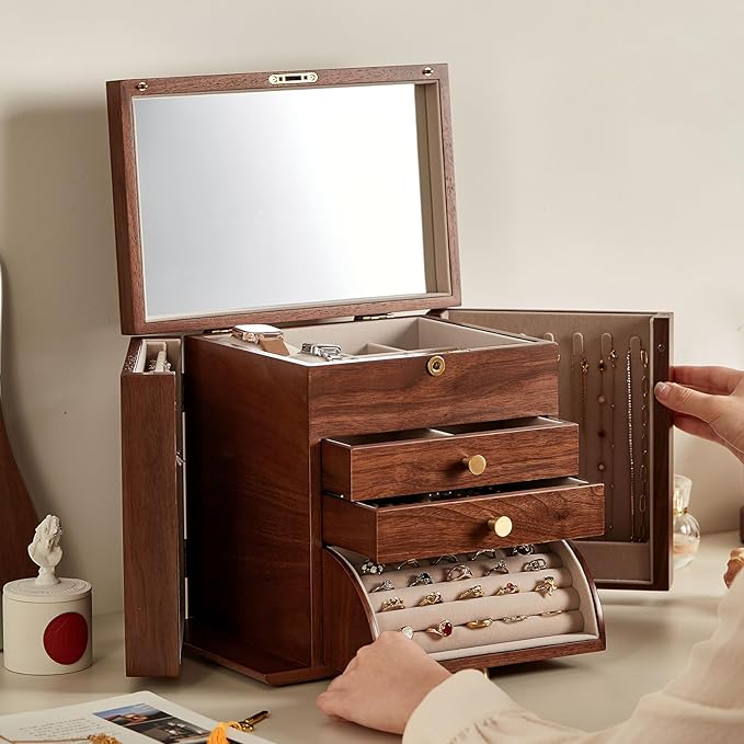 CHOSIN Black Walnut Wooden Jewelry Box, 4 Layer Lockable Organizer with Mirror, Rotatable Ring Holder,Side Doors & Brass Handle, Classical Design for Rings, Necklaces, Mothers Day Gift for Mom