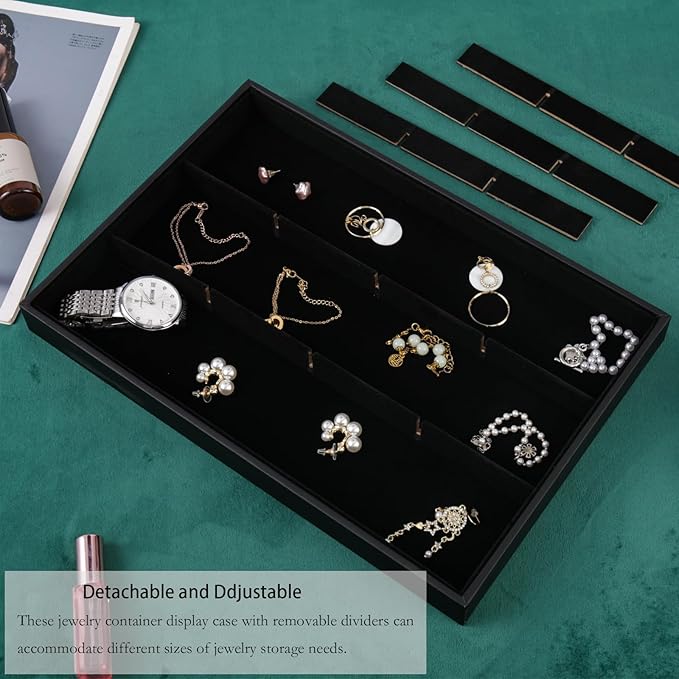 Large Velvet Jewelry Tray, Drawer Organizer for Jewelry in Dresser, Stackable Jewelry Drawer Organizer Inserts for Earring Necklace Bracelet Rings(Black,12grid)