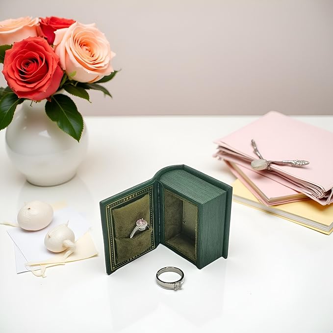 Book Shaped Ring Box - Vintage Engagement Ring Box with Hinged Lid for Proposal Engagement Wedding, Proposal Ring Case with Magnetic Closure-PRB011-Green