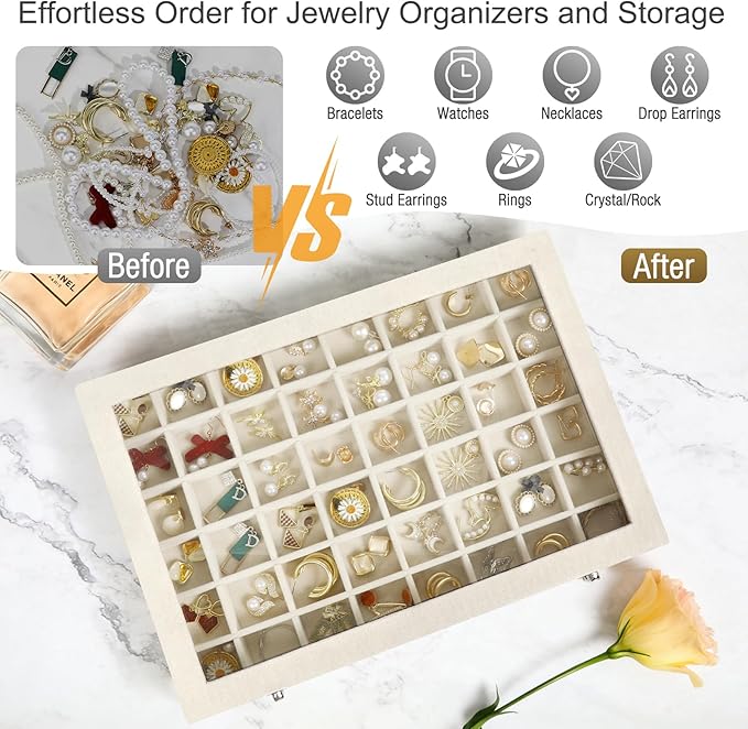 Velvet Jewelry Organizer Storage Tray, 48 Grid Adjustable Earring Holder Organizer with Clear Lid, Jewelry Display Box for Earrings, Rings, Necklaces and Studs, Gift for Women and Girls