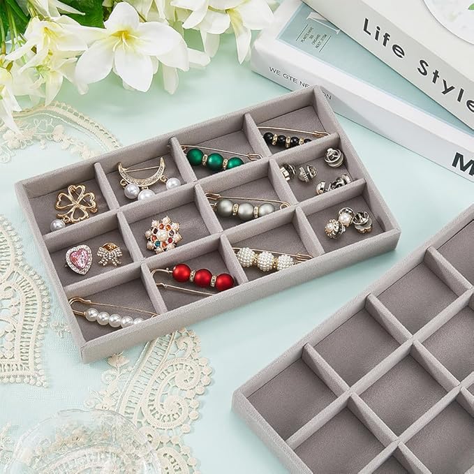 2Pcs 5 x 8.3 Inch Velvet Jewelry Trays Stackable Jewelry Organizer Removable Divider 12 Grids Divided Gray Necklace Storage Container Box Dresser Drawer Case for Earring Ring Display Showcase