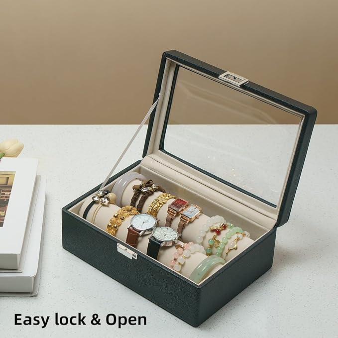 Bracelets Organizer Rods Bangles Display Holder, Clear See through Lid Leather Velvet Jewelry Storage Box Case for Women, 2 Rods Black Leather