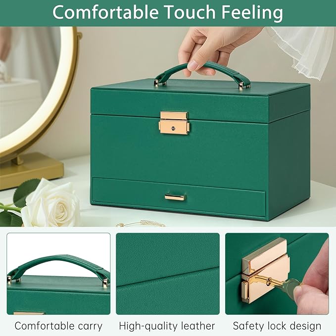 AKOZLIN Travel Jewelry Box Organizer Functional 2-trays Leather Jewelry Storage Case with Lockable Portable Drawer for Women Girls Ring Necklace Earring Bracelet