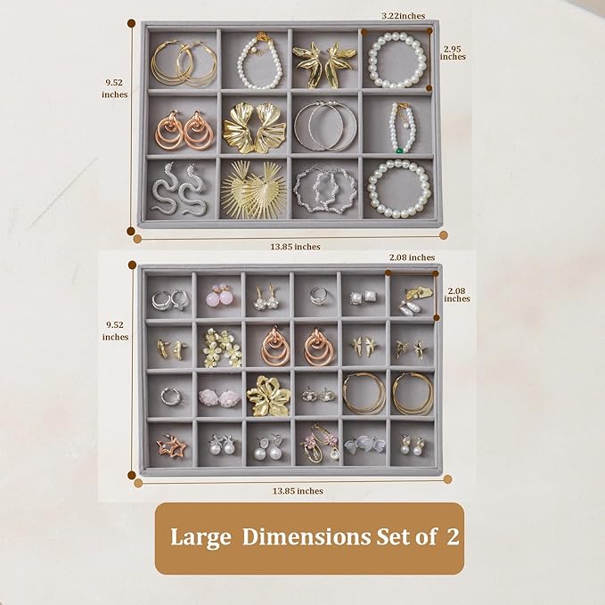Large Velvet Jewelry Tray 2 Pack Stackable Jewelry Display Drawer Inserts Trays Organizer for Earring Bracelet Necklace Ring (Gray, 12 Grids+24 Grids)