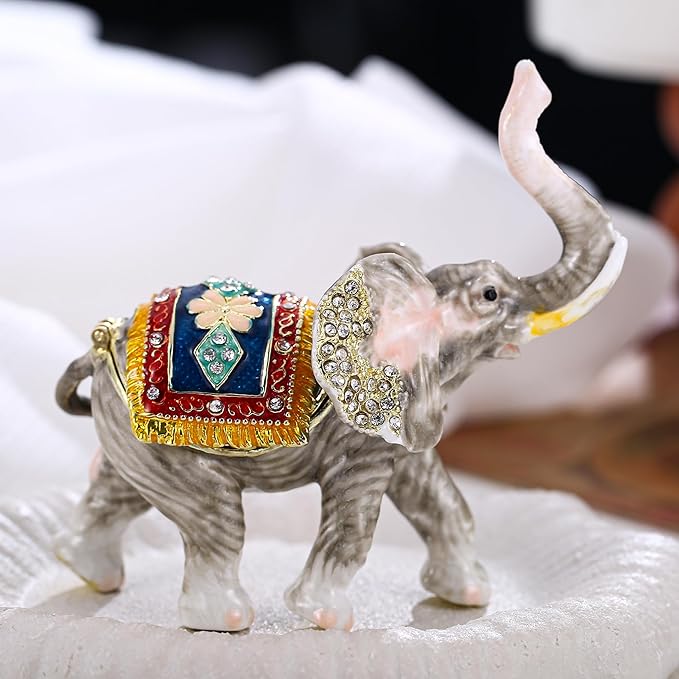 Hand Painted Animal Trinket Box for Home Decor, Hinged Jewelry Organizer Storage, Unique Personalized Collectible Keepsake Figurine Handmade Decorative Ornament Gifts (Lucky Elephant)