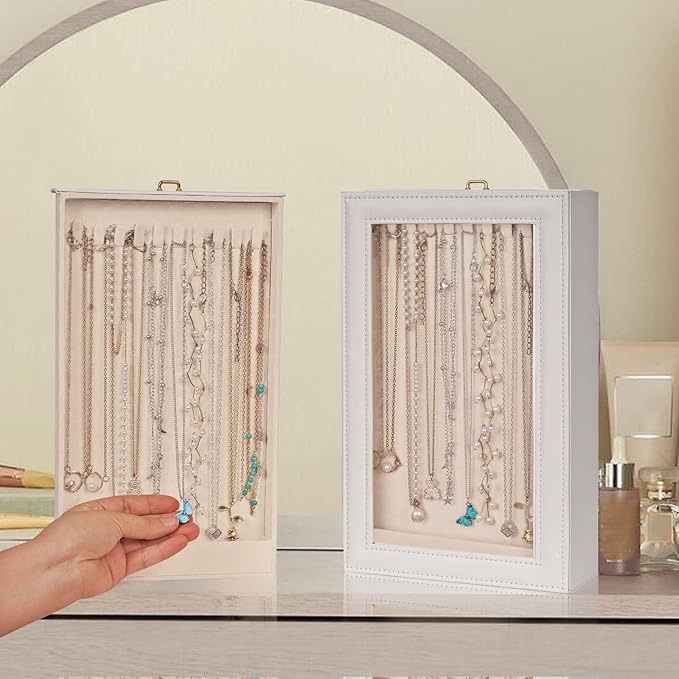 Necklace Organizer Box - 2-Layer Double-Sided Clear Lid Jewelry Storage Case, Anti-Tangle Necklaces Display Holder for Pendants Bracelets, Jewelry Organizer for Women Girls (White)