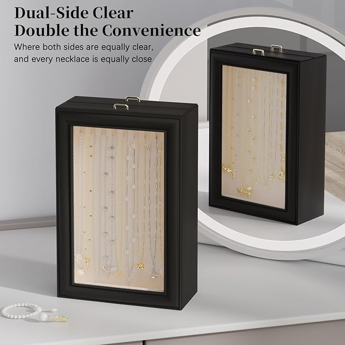 Necklace Organizer Box - 2-Layer Double-Sided Clear Lid Jewelry Storage Case, Anti-Tangle Necklaces Display Holder for Pendants Bracelets, Jewelry Organizer for Women Girls (Black)