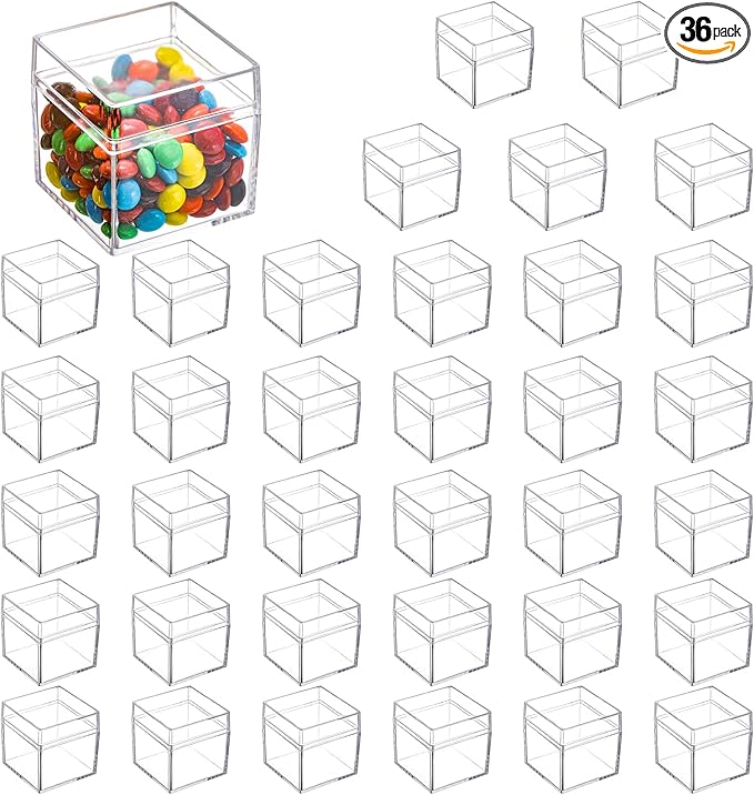 Okllen 36 Pack Acrylic Boxes with Lid, Clear Square Cubes Treat Gift Boxes Candy Storage Container for Candy, Little Trinkets, Jewelry, Party Favor, 2''x2''x2''/5x5x5CM