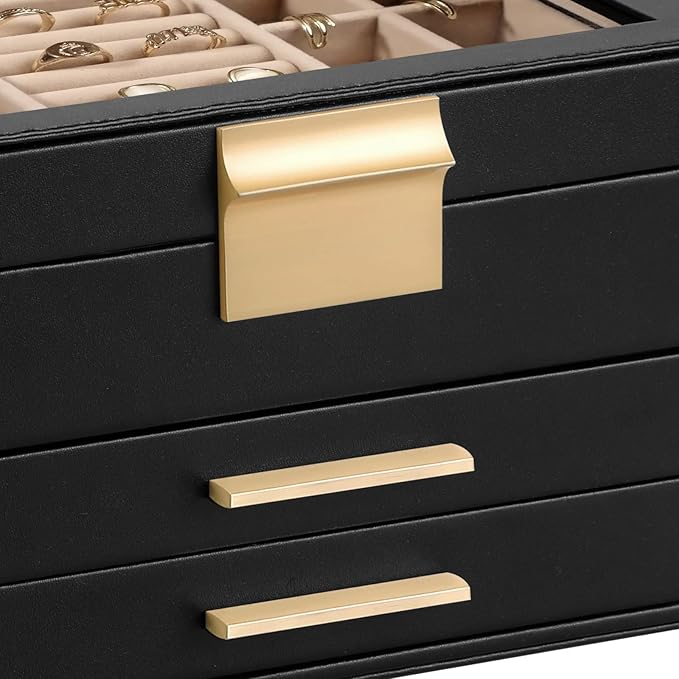 Somduy Jewelry Box Organizer for Women,3 Layers Jewelry Storage Display Box with Glass Lid,Gift for Christmas,3 Drawers,Large Capacity for Necklace Earrings Bracelets Rings,Black