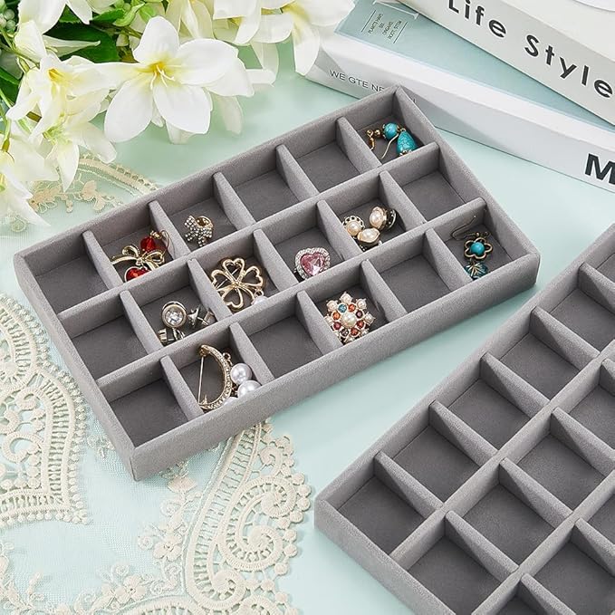 2Pcs 5 x 8.3 Inch 18 Grid Jewelry Tray Drawer Insert Velvet Earring Organizer Display Case Storage with Removable Divider Container Box for Rings Watch Necklace Trinket Holder Showcase Gray