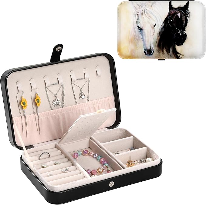 Jewelry Organizer Stocking Stuffers Travel Small Jewelry Box Portable Jewellery Storage Organizer Case for Necklace Earring Ring Bracelet Pendant Travel Gifts for Women Black and White Horse