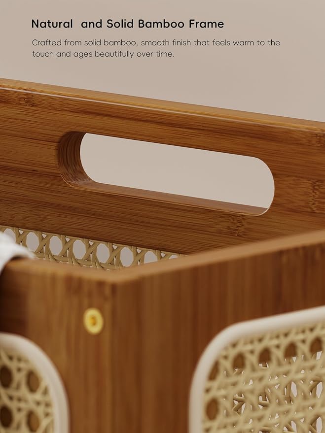 Laundry Hamper with Wheels, Decorative Boho Rattan Laundry Baskets, 90L Large Bamboo Dirty Clothes Basket Organizer, Rolling Wicker Laundry Hampers for Bathroom,Bedroom