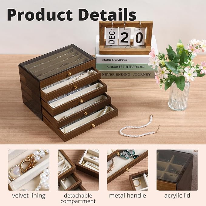 CLUQMEIK 5 Layer Necklace Jewelry Box, Vintage Wooden Jewelry Box with Acrylic Cover Stackable Necklace Storage Organizer for Women and Girls to Storing Necklaces