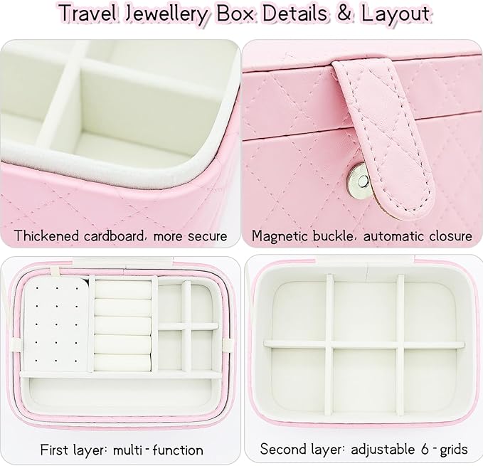 Jewelry Travel Case, 2-Layer Jewelry Box Organizer Medium Jewelry Travel Box, Portable Faux Leather Jewellery Storage Boxes with Argyle for Women, Daily Jewellery Case Home Use (Peach pink)