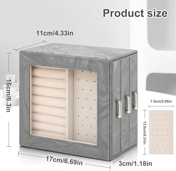 DesignSter Jewelry Box Organizer, Jewelry Box for Women, PU Jewelry Organizer Display Case with Side Drawers, Jewelry Storage for Earring Necklace Ring Bracelet Watch