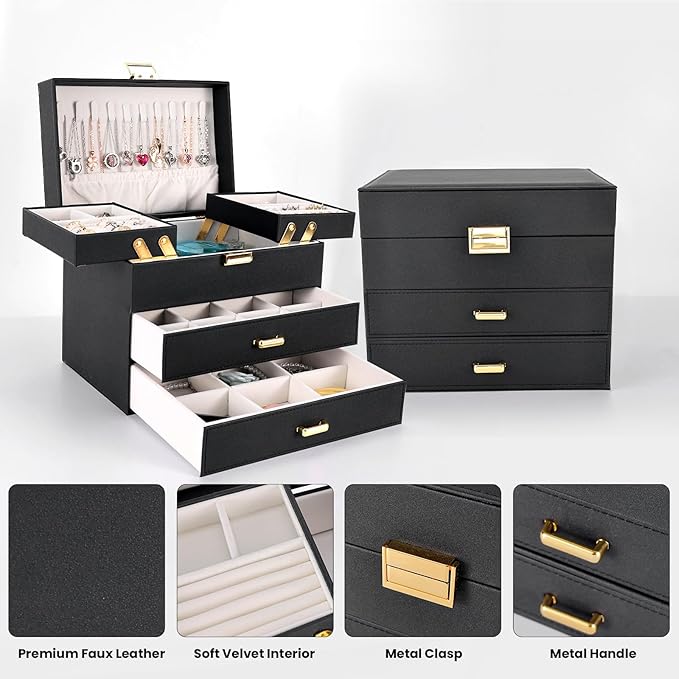 Dajasan Jewelry Organizer Box, Large Jewelry Boxes for Women Girls, Space-Saving 4 Layers Jewelry Storage Case with Drawer, Movable Metal Stand, Modern, Gift Idea (Black + Gold)