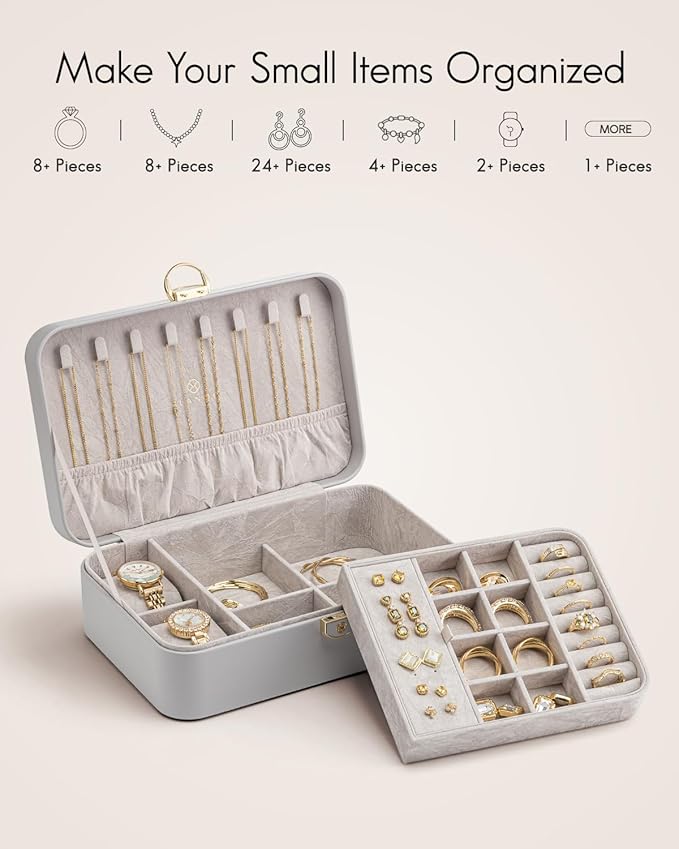 VLANDO 2 Layer Jewelry Box,Jewelry Organizer Storage Lockable Earring Organizer Removable Jewelry Tray with Watch Pillow for Neckable Ring Bracelets-Grey