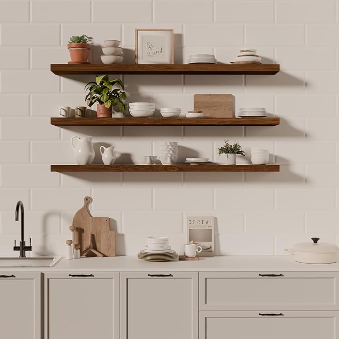 ROGMARS 60Inches Long Walnut Floating Shelves,Rustic Solid Wood Farmhouse Wall Shelves with Invisible Brackets for Bathroom, Living Room, Bedroom, Kitchen Set of 3