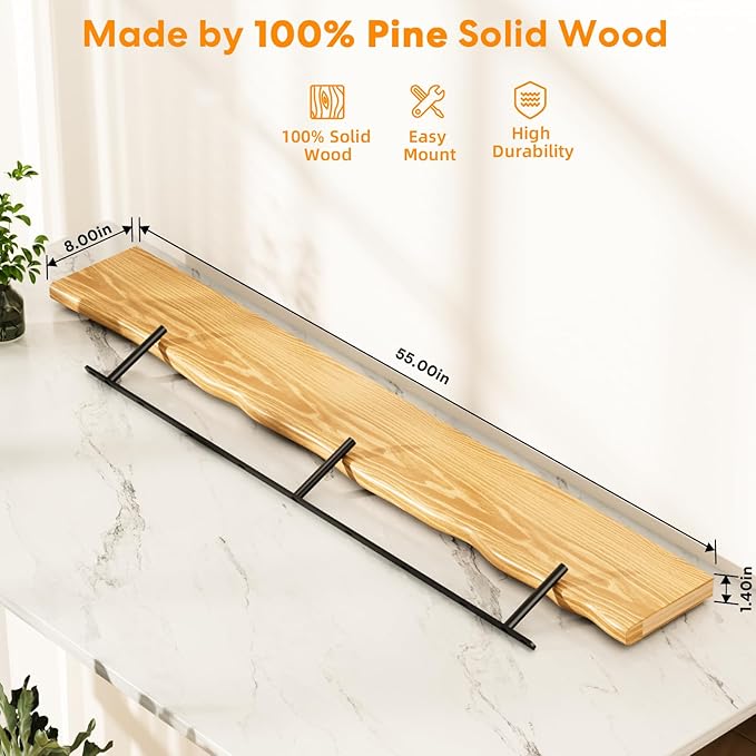 Floating Shelves for Wall Rustic Farmhouse 55 Inch Floating Shelf Bathroom Wooden Shelves for Wall Mounted Live Edge Pine Shelf with Unique Natural Grain for Living Room Bedroom Kitchen (Natural)