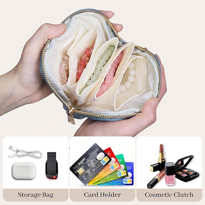 Stratalife Travel Jewelry Case - Portable Jewelry Pouches for Gemstones Healing Crystal, Bracelets Bangles Storage, Necklace Ring Holder Organizer with Zipper for Women, Light Blue
