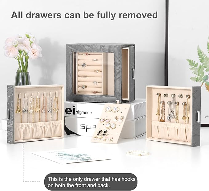 DesignSter Jewelry Box Organizer, Jewelry Box for Women, PU Jewelry Organizer Display Case with Side Drawers, Jewelry Storage for Earring Necklace Ring Bracelet Watch