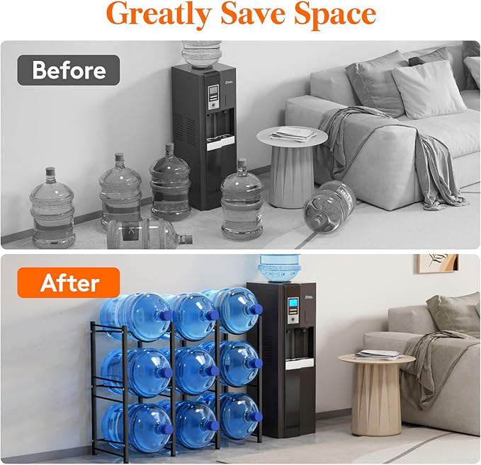 Lifewit 5 Gallon Water Jug Holder, 3 Tier Water Bottle Stand, 9 Slots Heavy Duty Water Dispenser Rack for Gallon Jugs, 375 lb/170 kg Capacity Detachable Water Jug Shelf Organizer for Home/Office Black