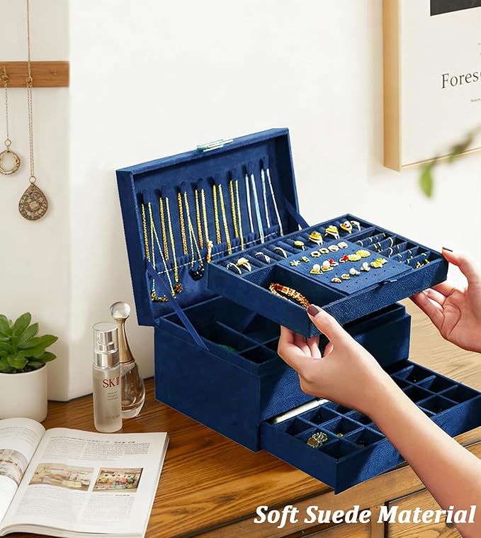QBestry 3-Layer Jewelry Box for Women with Lock and Key & Drawer, Large Jewelry Organizer with 8 Necklace Hooks & 56 Earring Holes, Navy Velvet Jewelry Storage Box for Necklaces Earrings Ring Bracelet
